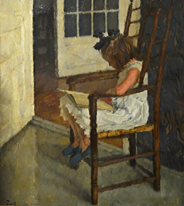 Circle of Dame Ethel Walker, A young girl reading, oil on canvas, indistinctly signed, 64cm x 48cm.  Illustrated