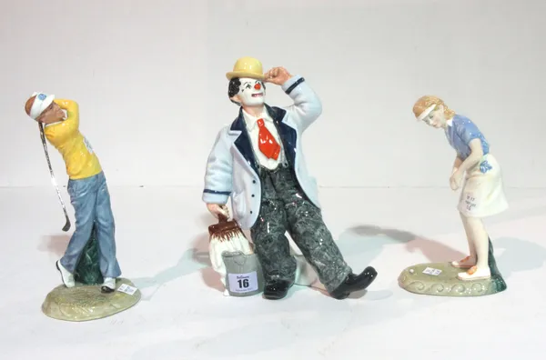 Ceramics comprising; A group of three Royal Doulton figures; 'Slapdash HN2277', 'Winning Putt HN3279' and 'Teeing Off HN3276', (3).   S11M