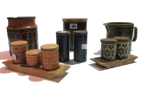 Ceramics; comprising, mid-20th century Hornsea ceramic kitchen storage jars and tableware, decorated in greens, browns and blues, (qty).  S9T