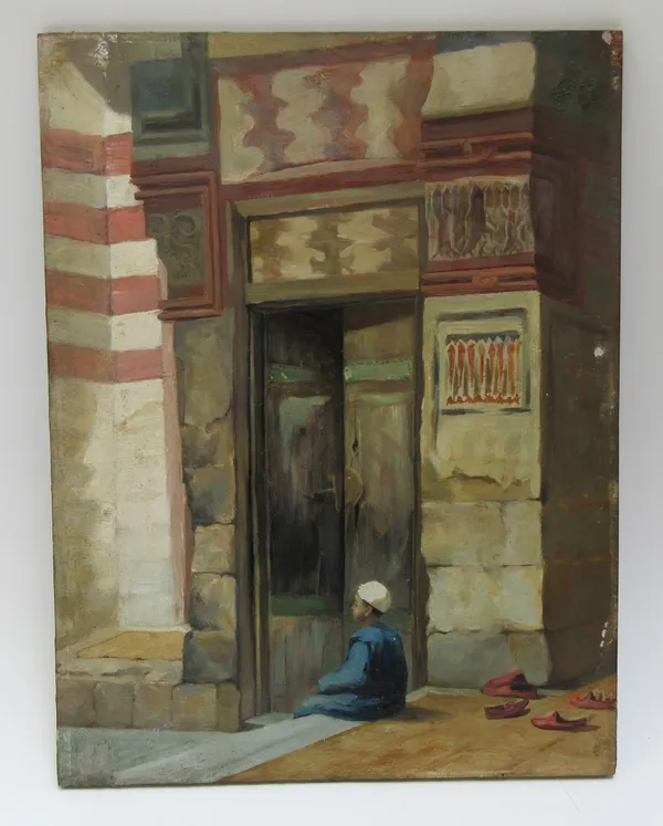 Orientilists School (19/20th cenutry), A child outside a mosque, oil on panel, unframed, 35cm x 26.5cm.