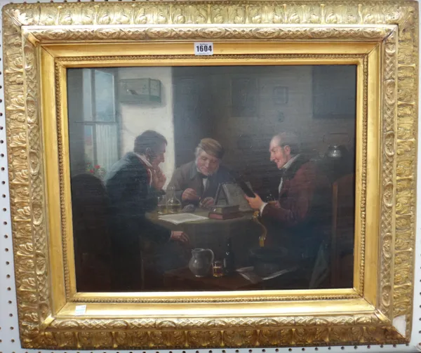 German school (20th century), Three men at a table, oil on panel, indistinctly signed, 40cm x 50.5cm.