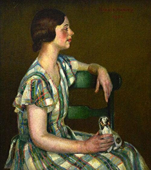 Attributed to Harold Harvey (1874-1941), Study in green, oil on canvas, bears a signature and date 1931, 50cm x 44cm.  Illustrated