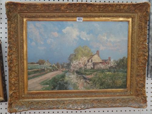 R. Veron (19/20th century), Cottages on a country road, oil on canvas, signed and dated, 1897, 37cm x 54cm.