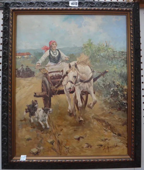 After Alfred Wierusz-Kowalski, Horse and trap galloping, oil on canvas, bears a signature, 48.5cm x  39cm.