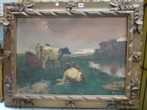 Luigi Bertelli (1833-1916), Cattle by the waters edge, oil on canvas, signed, 48cm x 69cm.