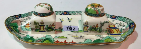 A Crown Staffordshire twin ceramic inkwell, decorated with Oriental scenes.   BEHIND CAB