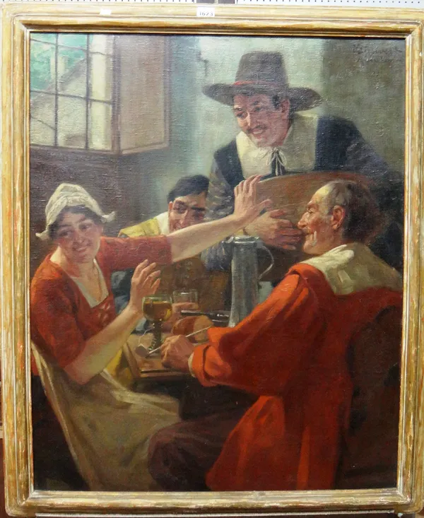 V. Schivert (early 20th century), Flirting with a serving girl, oil on canvas, signed and inscribed Munchen, 85cm x 68cm.