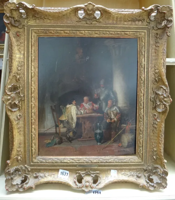 After Jacob Gaisser, Soldiers of the 30 years war playing cards in the guard room, oil on panel, bears later signature, inscribed on label on reverse,