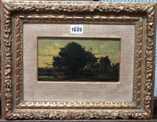 Follower of Charles Francois Daubigny, Village scene, oil on panel, bears a signature, 12cm x 21cm.
