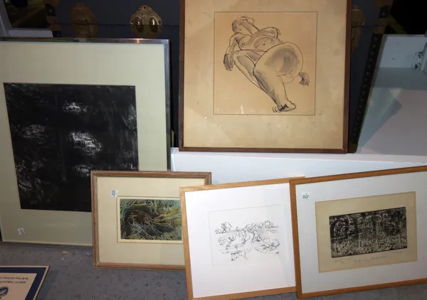 A group of assorted 20th century pictures and prints, including a lithograph by P. Freeth, a charcoal night scene, a pencil drawing of a wood sprite,