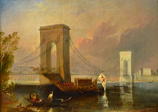 Circle of Clarkson Stanfield, A Royal barge passing a ship by a bridge, oil on canvas, 29cm x 39cm.  Illustrated