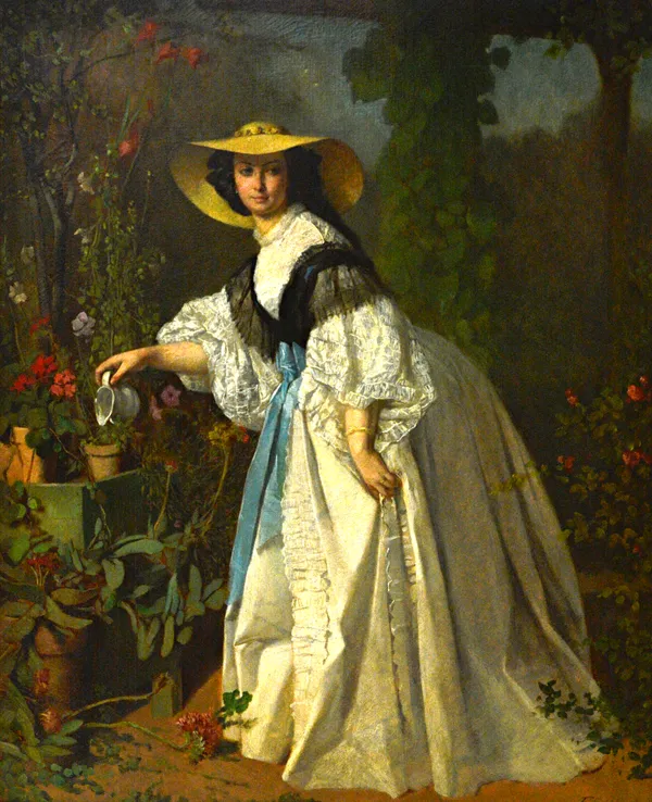 Ferdinand Heilbuth (1826-1889), Portrait of a young lady in a garden, oil on canvas, signed, 70cm x 57cm.  Illustrated