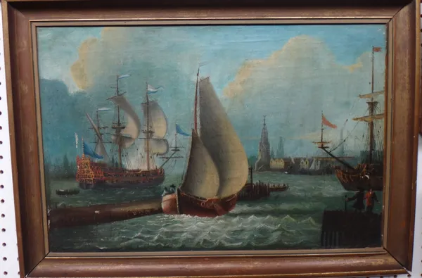 Continental School (19th century), Harbour scene with shipping, oil on canvas, 37cm x 56cm.