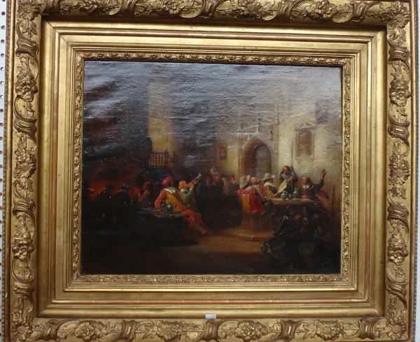 J** Herman (19th century), Rowdy tavern interior, oil on canvas, signed, extensively inscribed on label on reverse, 38cm x 46cm.