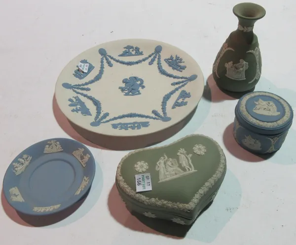 Jasperware; comprising, green, blue and pink designs, including plates, trays, lidded boxes, candlesticks and sundry, (qty).   S10T