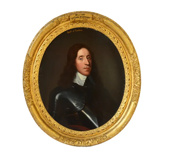 After George Jamesone, William, 3rd Earl of Lothian, oil on canvas, oval, inscribed, 74cm x 62cm.  Illustrated