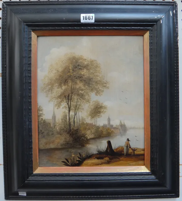 Circle of Jan van Goyen, A wooded river landscape, oil on panel, 31cm x 25cm.