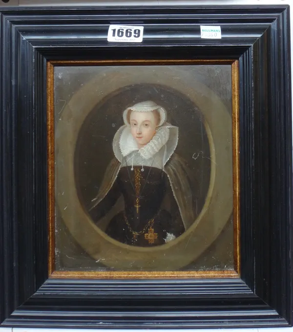 After Nicholas Hilliard, Portrait of Mary, Queen of Scots, oil on panel, in a feigned oval, 19cm x 16cm.
