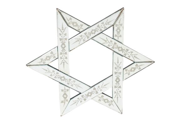A pair of 20th century Venetian etched glass six point star shaped wall hangings, 50cm wide x 58cm high, (2).  Illustrated