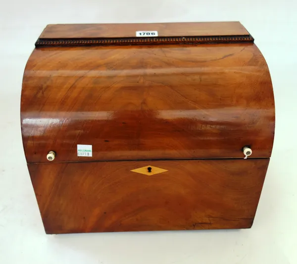 A 19th century cylinder fronted mahogany decanter box, 32cm wide x 27cm high.