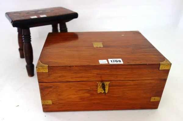 A 19th century inlaid small stool on turned supports, 22cm wide, and a Victorian brass bound box, 30cm wide, (2).