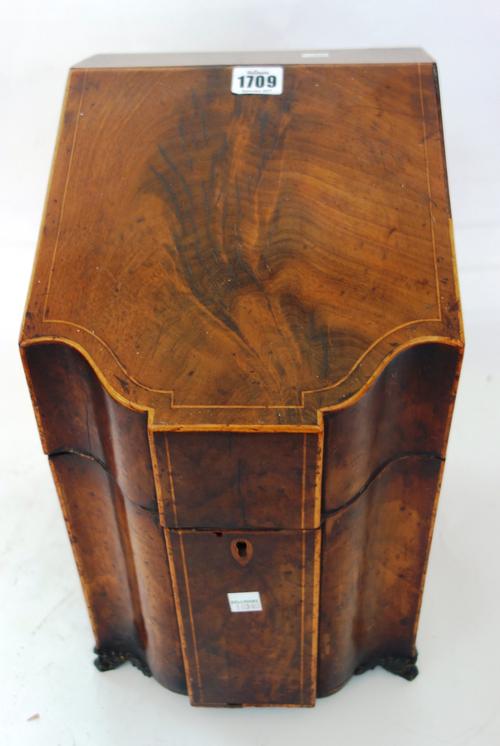 A George III inlaid mahogany knife box, with squared serpentine front and fitted interior, 24cm wide x 39cm high.