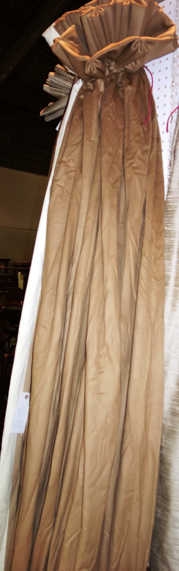 Curtains; two pairs of lined and interlined sandy brown curtains, 114cm wide x 257cm drop, (4).   G6