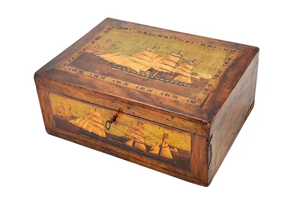 A Victorian walnut sewing box, the lift top and front panel marquetry inlaid with a British three-masted ship, the interior fitted with eight Tunbridg