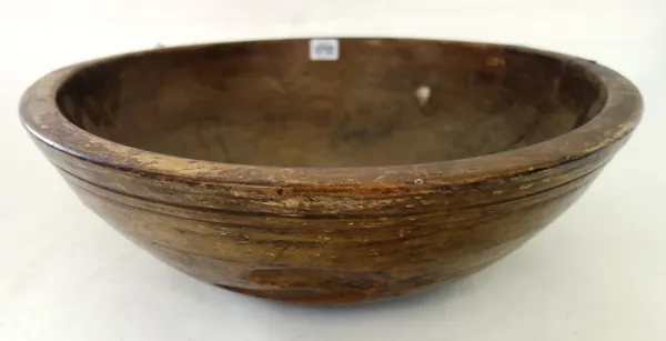A large George III sycamore turned bowl with ribbed decoration, 47cm diameter x 15cm high.