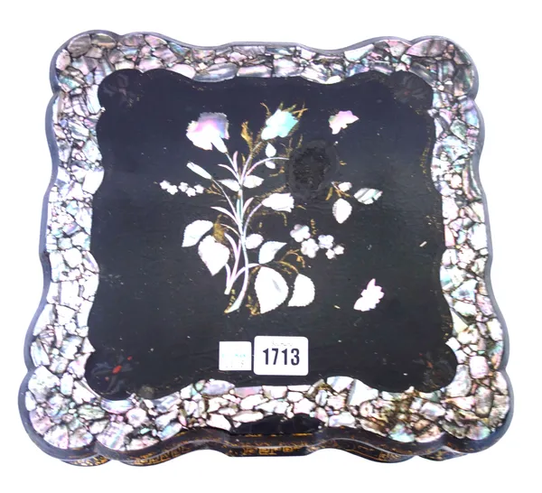 A Victorian mother-of-pearl inlaid floral painted papier mache shaped square box, with five lidded interior compartments, 31cm wide x 7cm high.