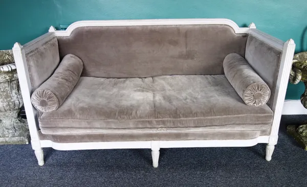 A grey painted Louis XVI style square back sofa, on tapering fluted supports, 170cm wide x 92cm high.
