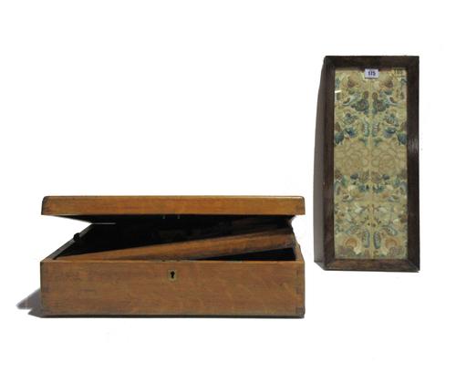 A Chinese needlework panel, together with a copper jug and bowl and an oak canteen box, (4).   S5M