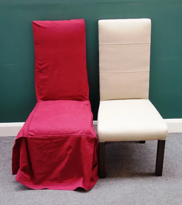George Smith Ltd; a set of six 20th century high square back dining chairs, with loose red upholstery, on block supports, 50cm wide x 111cm high, (6).