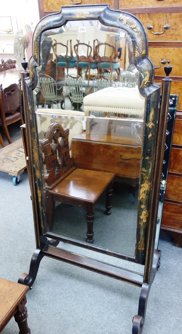 A Queen Anne and later black lacquered arch top cheval mirror, with two section bevelled plate, on later stand, the mirror 71cm wide x 137cm high.