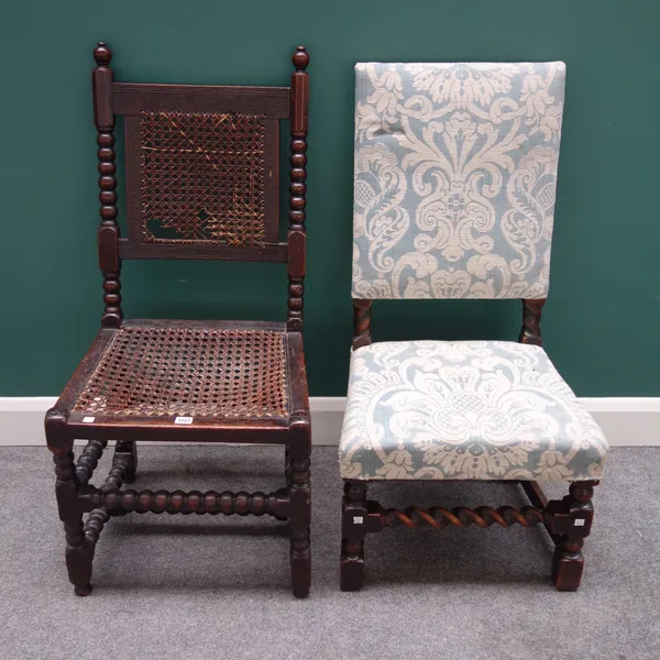 A Charles II bobbin turned cane back and seat side chair, 50cm wide x 105cm high, together with a Charles II square back side chair, on barleytwist su