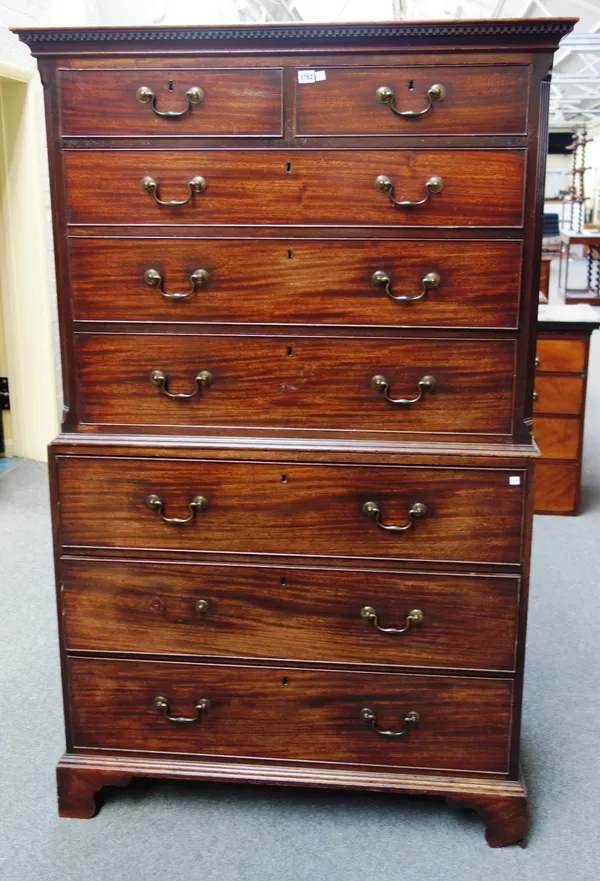 A George III mahogany chest-on-chest of two short over six long drawers, on bracket feet, 111cm wide x 180cm high.