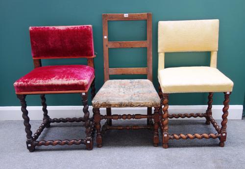 Two similar early 18th century walnut framed square back side chairs, on barleytwist supports, each 53cm wide, 92cm and 94cm high, together with a lat