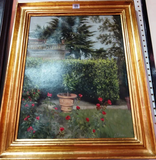English School (21st century), A garden terrace, Florence, oil on canvas, inscribed and dated 2002 on overlap, 49cm x 39cm; together with an oil of a