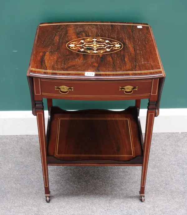 An Edwardian marquetry inlaid drop flap two tier occasional table with single freeze drawer, 46cm deep, 48cm across, 80cm across open.