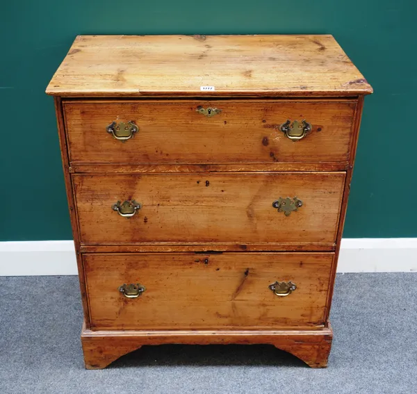 A George III pine chest of three long graduated drawers, on bracket feet, 75cm wide x 90cm high.