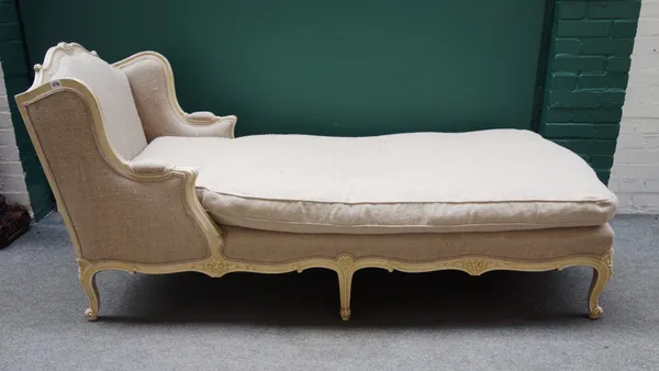 A Louis XV style square back day bed, with foliate carved frame on scroll supports, 87cm wide x 190cm long.