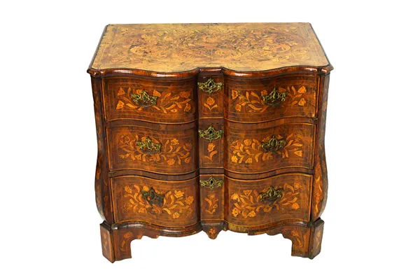 An 18th century Dutch floral marquetry inlaid walnut serpentine chest of three long graduated drawers, with bombe sides, 82cm wide x 75cm high.  Illus