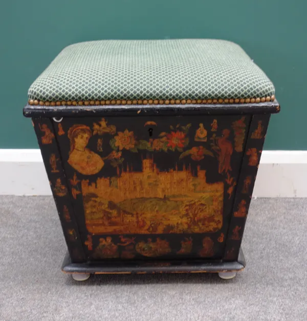 A Victorian decoupage decorated lift-top Ottoman, of tapering square form, 50cm wide x 50cm high.