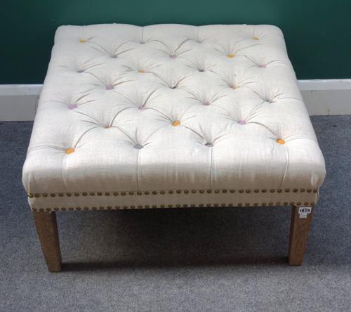 G&G Home; a 20th century square footstool, with coloured button overstuffed top on block supports, 71cm wide x 40cm high.