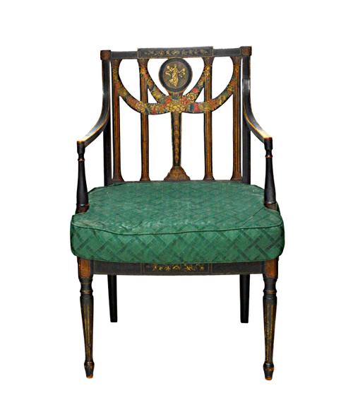 A set of four George III ebonised and polychrome painted open armchairs, with bow seats and tapering turned supports, 55cm wide x 90cm high, (4).  Ill