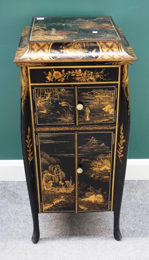 A mid-20th century black lacquer chinoiserie decorated lift-top gramophone cabinet, 45cm wide x 100cm high.