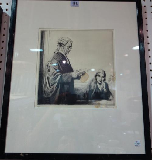 Salomon Van Abbe (1883 - 1955), Witness for the Prosecution; Conferring barristers, a pair of etchings, both signed and numbered each 26cm x 29.5cm, (
