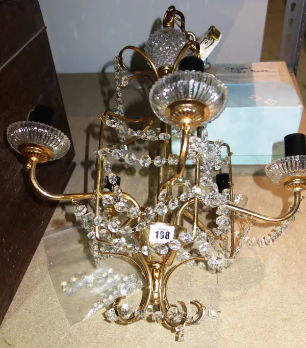 A gilt metal and glass five branch chandelier and a bag chandelier, (a.f). (2)   S8M