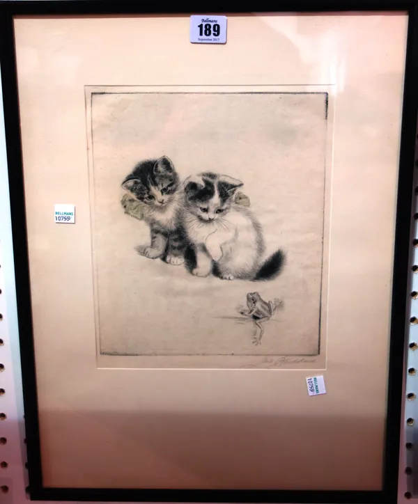 Meta Pluckebaum (1876-1945) Kittens and frog, etching, signed, 24cm x 20.5cm; together with an etching of Edinburgh by W. Douglas Mcleod, (2).    C1