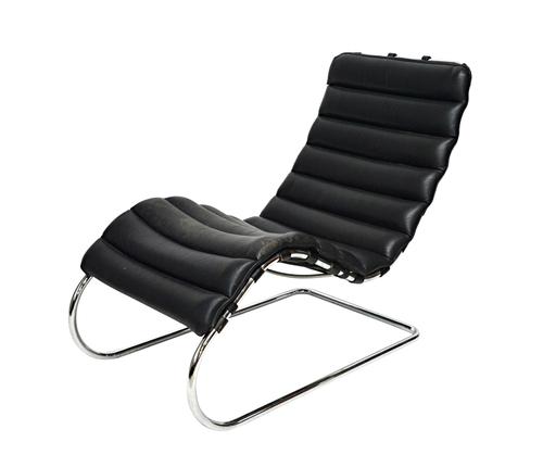 After Ludwig Mies Van Der Rohe; a 20th century tubular steel and black leather 'MR' chair, 200cm long x 94cm high.  Illustrated